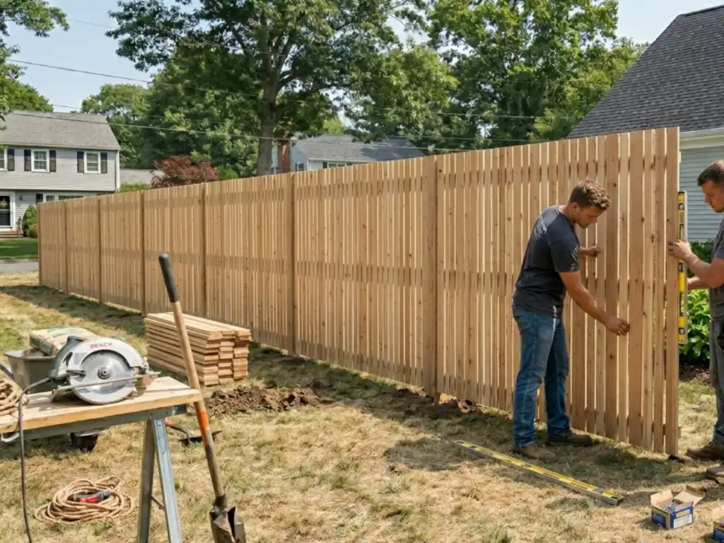 First Fence crew installing fence in Hickory NC